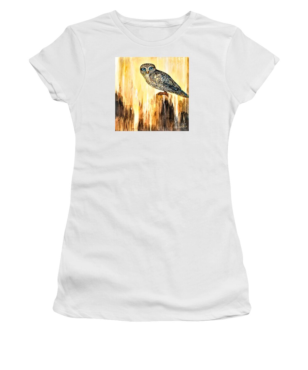 Owl Women's T-Shirt featuring the painting Blue Eyed Owl by Shijun Munns