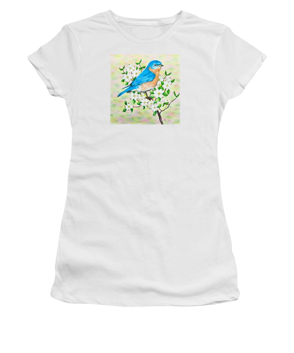 Color Pencil Women's T-Shirt featuring the drawing Bluebird and Dogwood by Lena Auxier