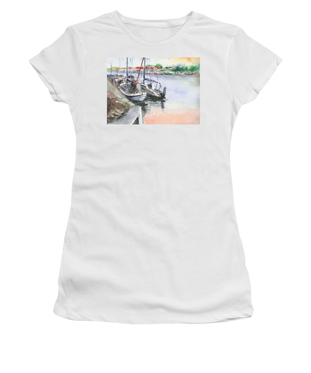 Boats Women's T-Shirt featuring the painting Boats Inshore by Faruk Koksal