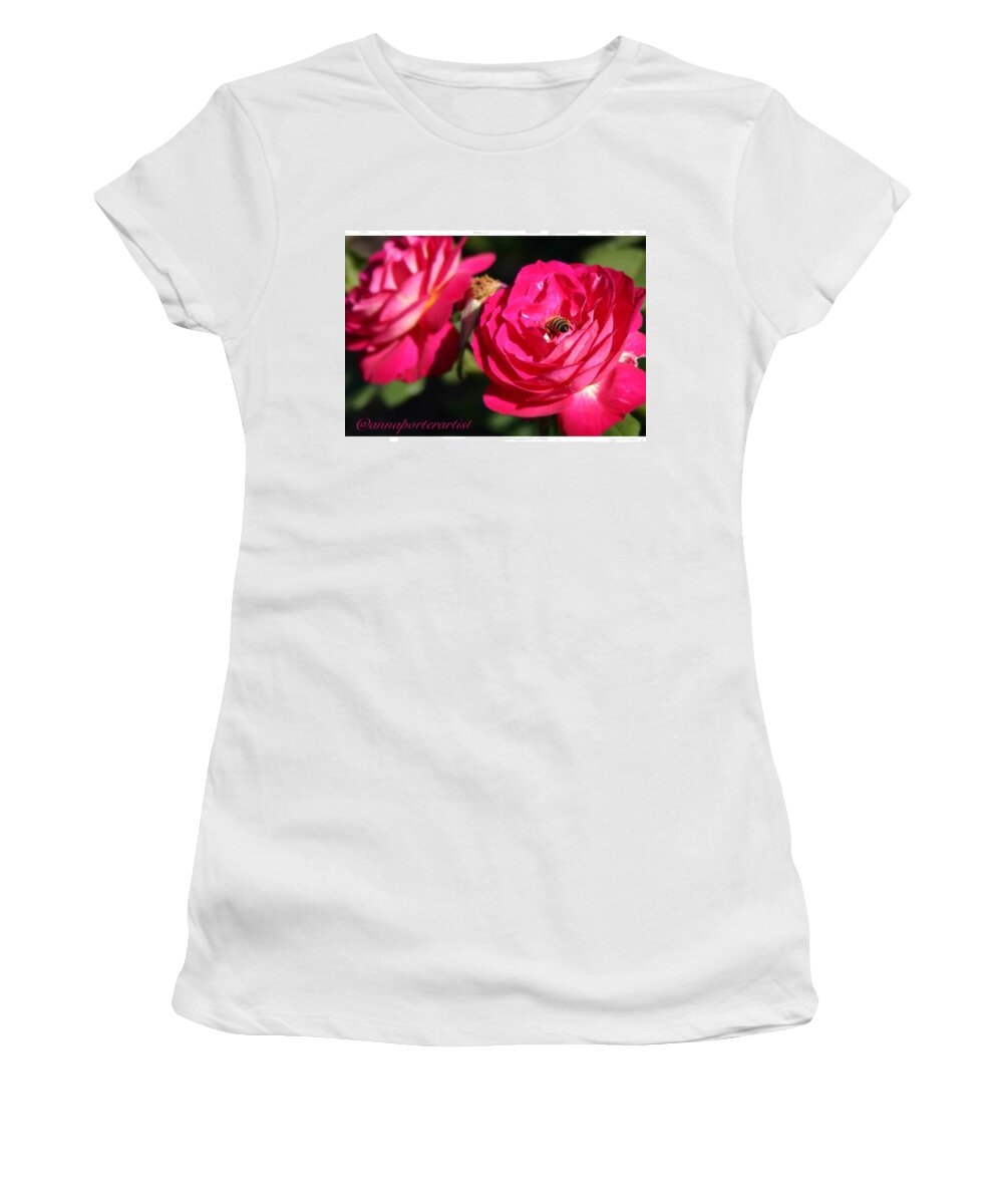 Rosecity Women's T-Shirt featuring the photograph Bottoms Up ... A Busy #bee At The by Anna Porter