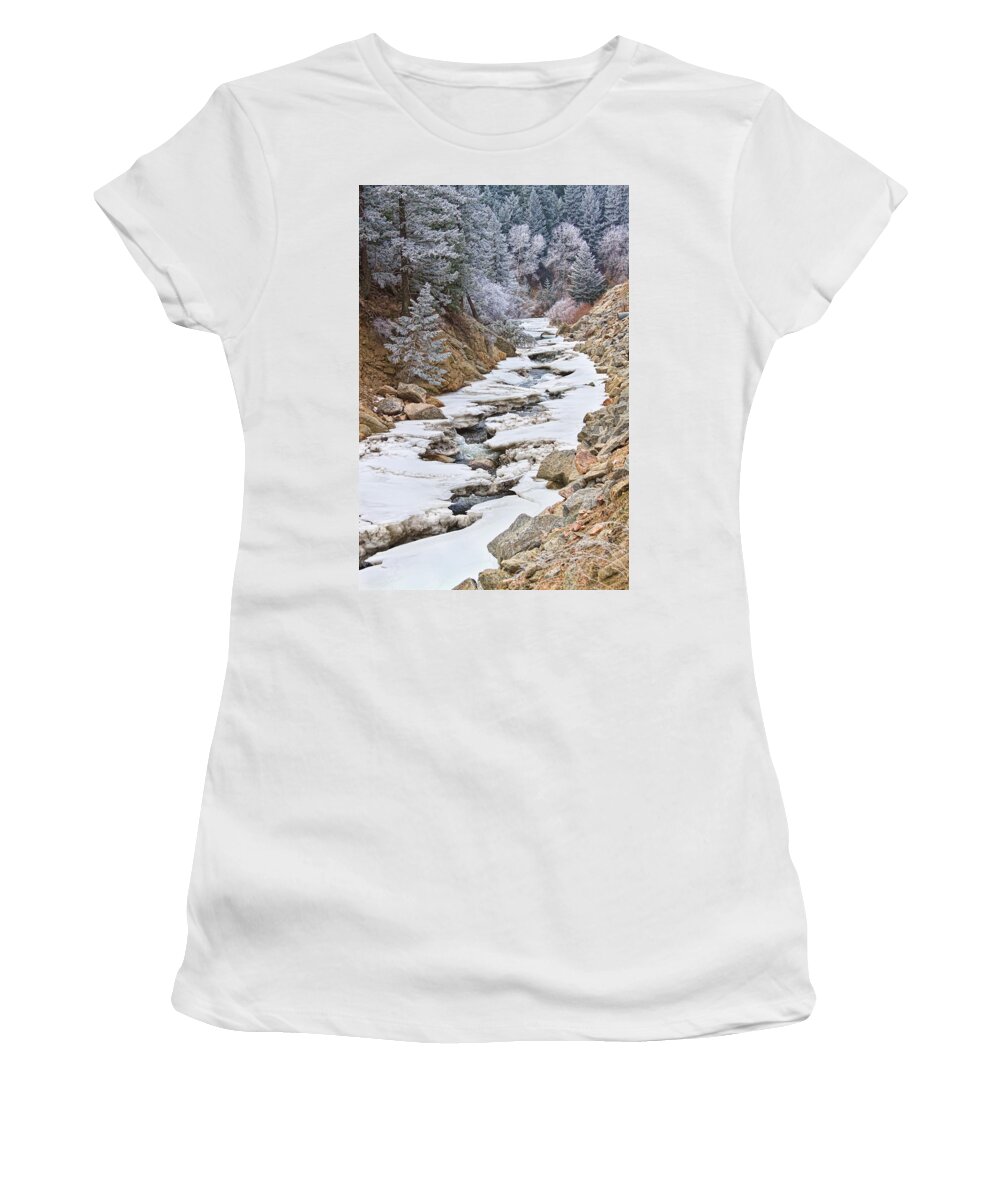 Winter Women's T-Shirt featuring the photograph Boulder Creek Frosted Snowy Portrait View by James BO Insogna