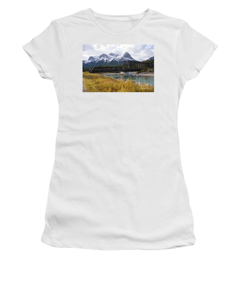 Canmore Women's T-Shirt featuring the photograph Bow River Railroad Trestle by Bob Phillips