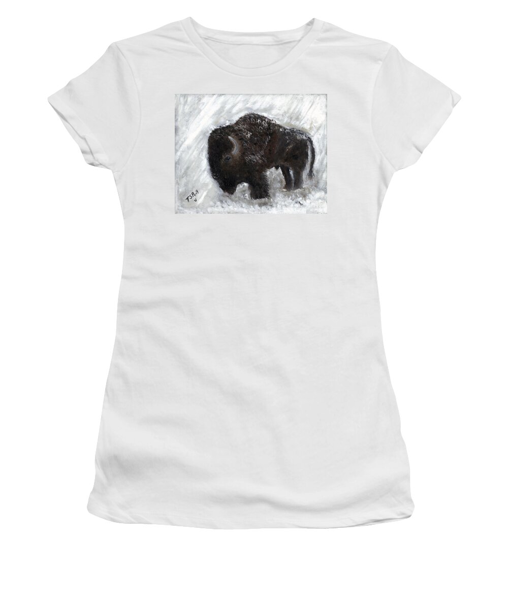 Tatanka Women's T-Shirt featuring the painting Buffalo in the Snow by Barbie Batson