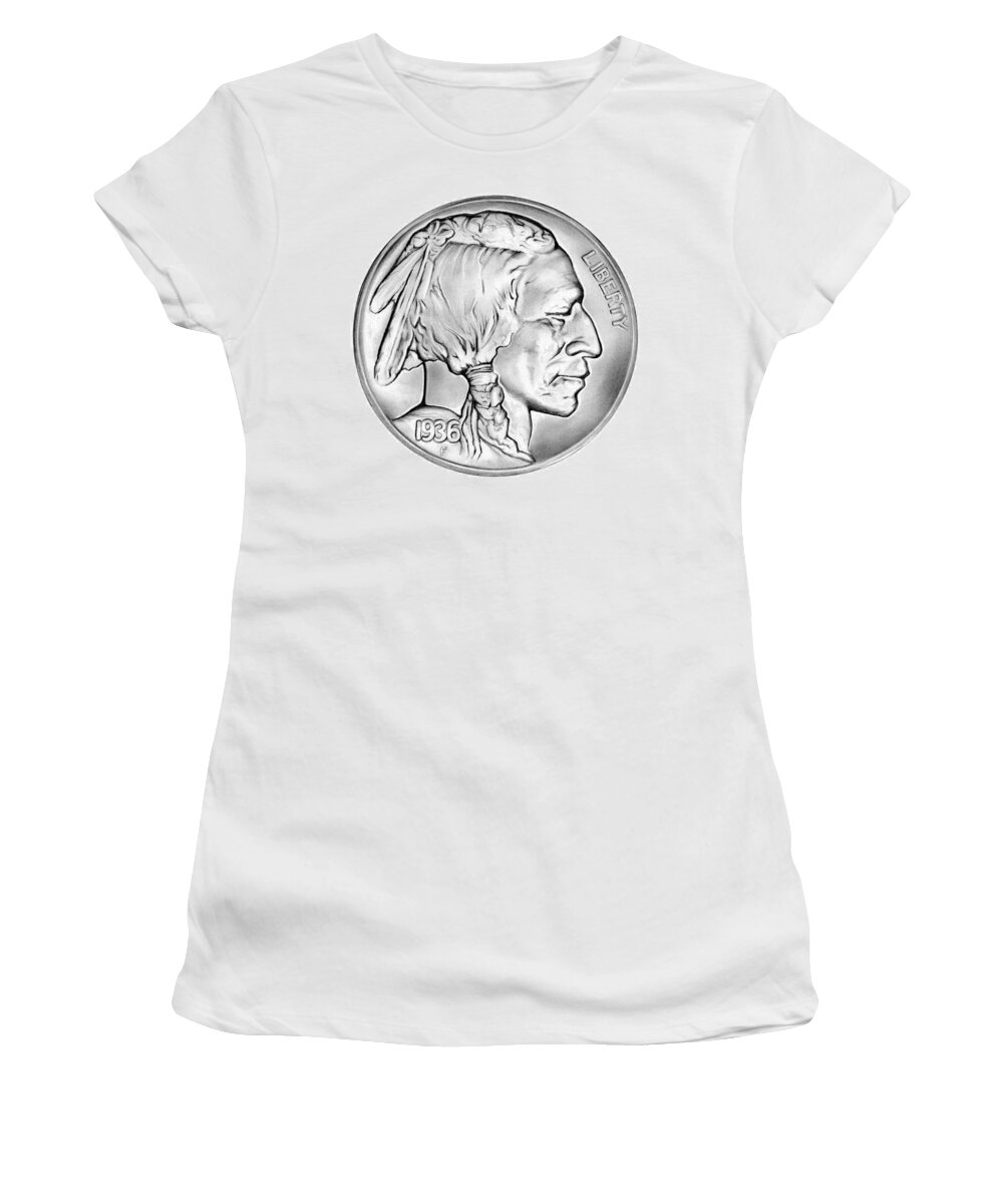 1936 Buffalo Nickel Women's T-Shirt featuring the drawing Buffalo Nickel by Greg Joens