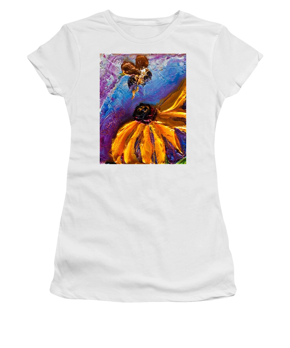 Bumble Bee Women's T-Shirt featuring the painting Bee and Yellow Flower by Paris Wyatt Llanso
