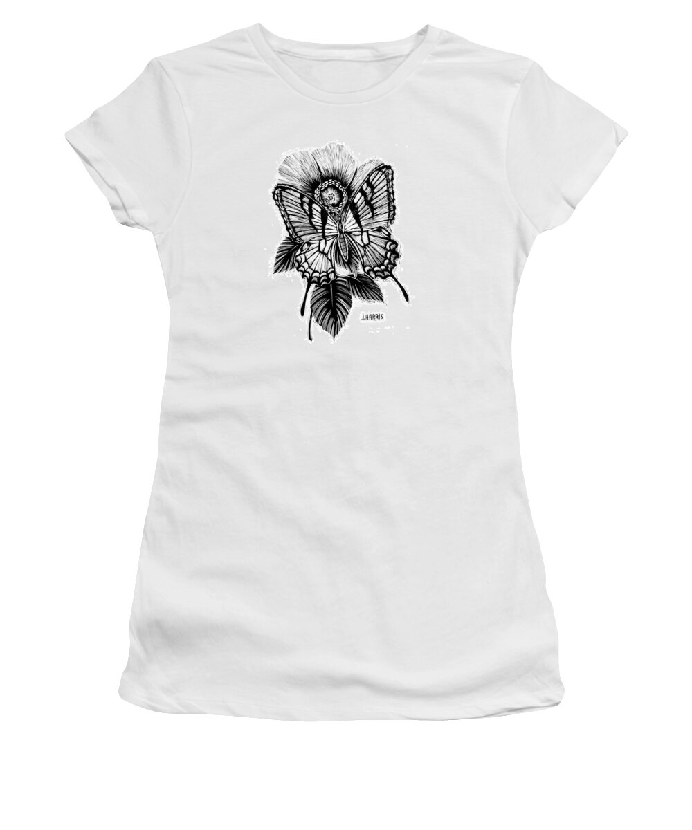 Butterfly Women's T-Shirt featuring the drawing Butterfly and Flower by Jim Harris