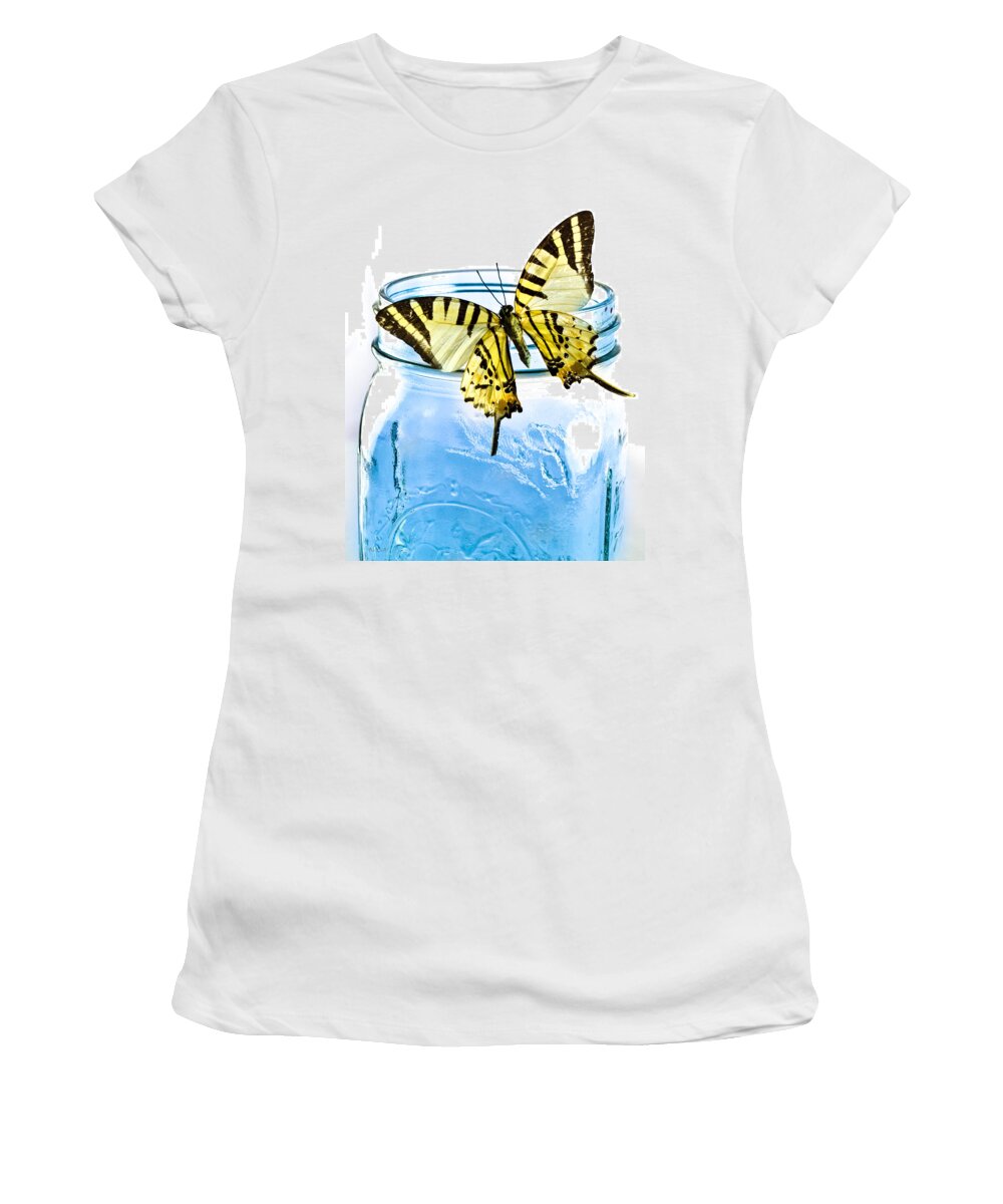 Nature Women's T-Shirt featuring the photograph Butterfly on a blue jar by Bob Orsillo