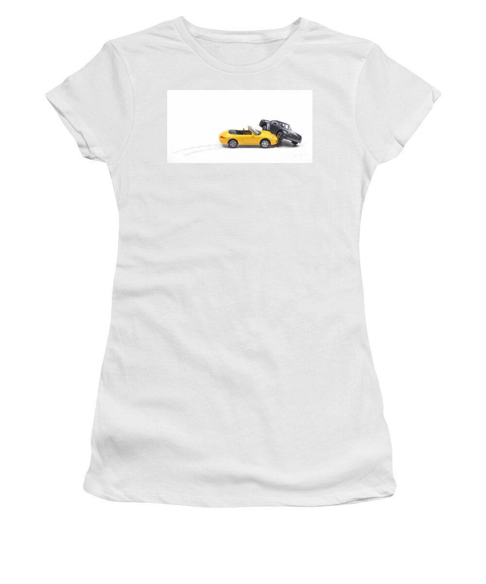 Accelerate Women's T-Shirt featuring the photograph Car crash between sportscar and sedan by Patricia Hofmeester