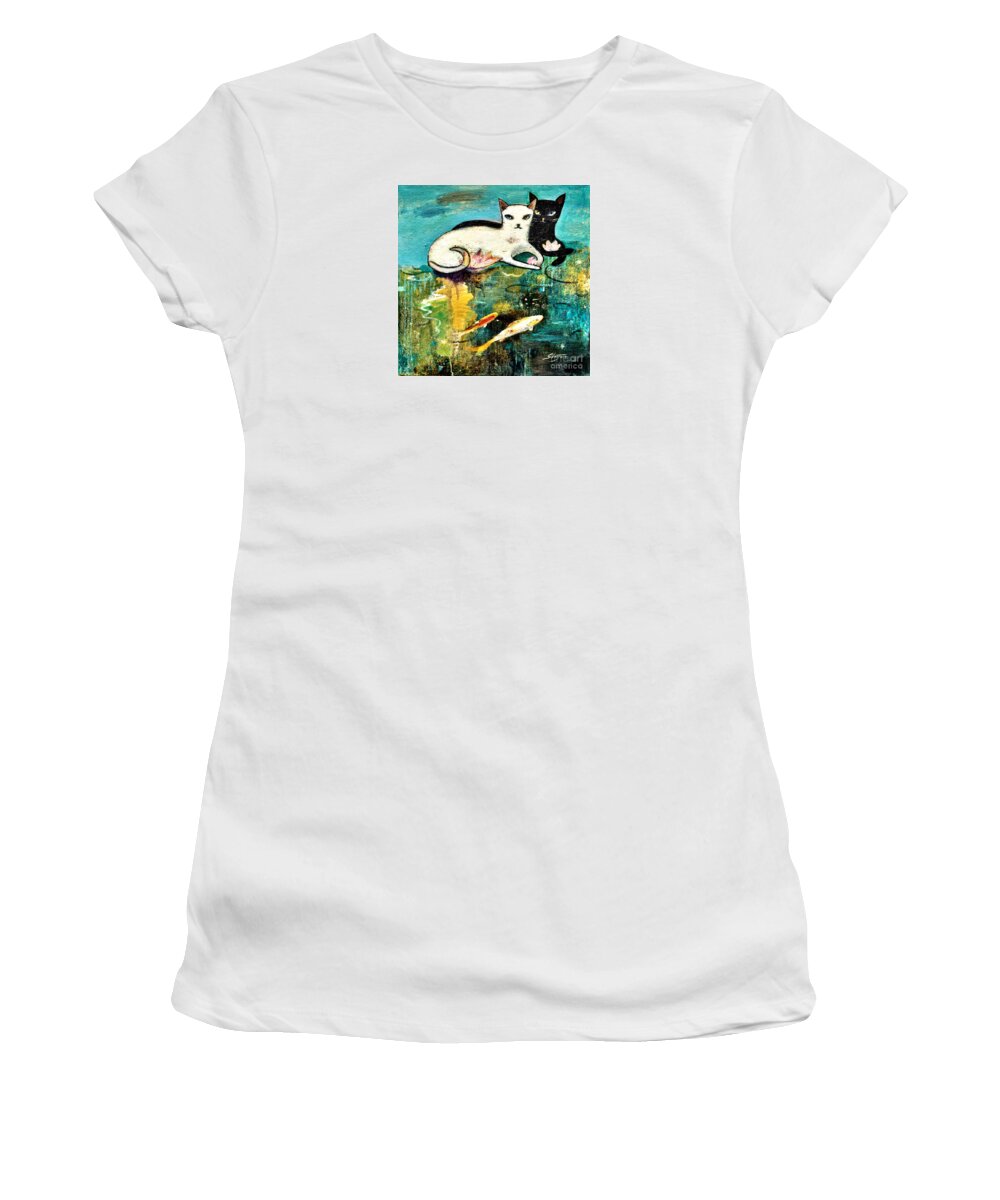 Black Cat Women's T-Shirt featuring the painting Cats with koi by Shijun Munns