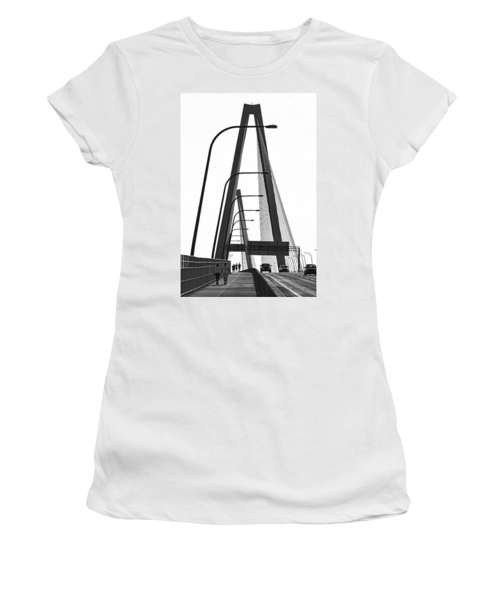 The Arthur Ravenel Jr. Bridge Women's T-Shirt featuring the photograph Charleston's Cable Bridge Where Life Comes Together by Kathy Clark