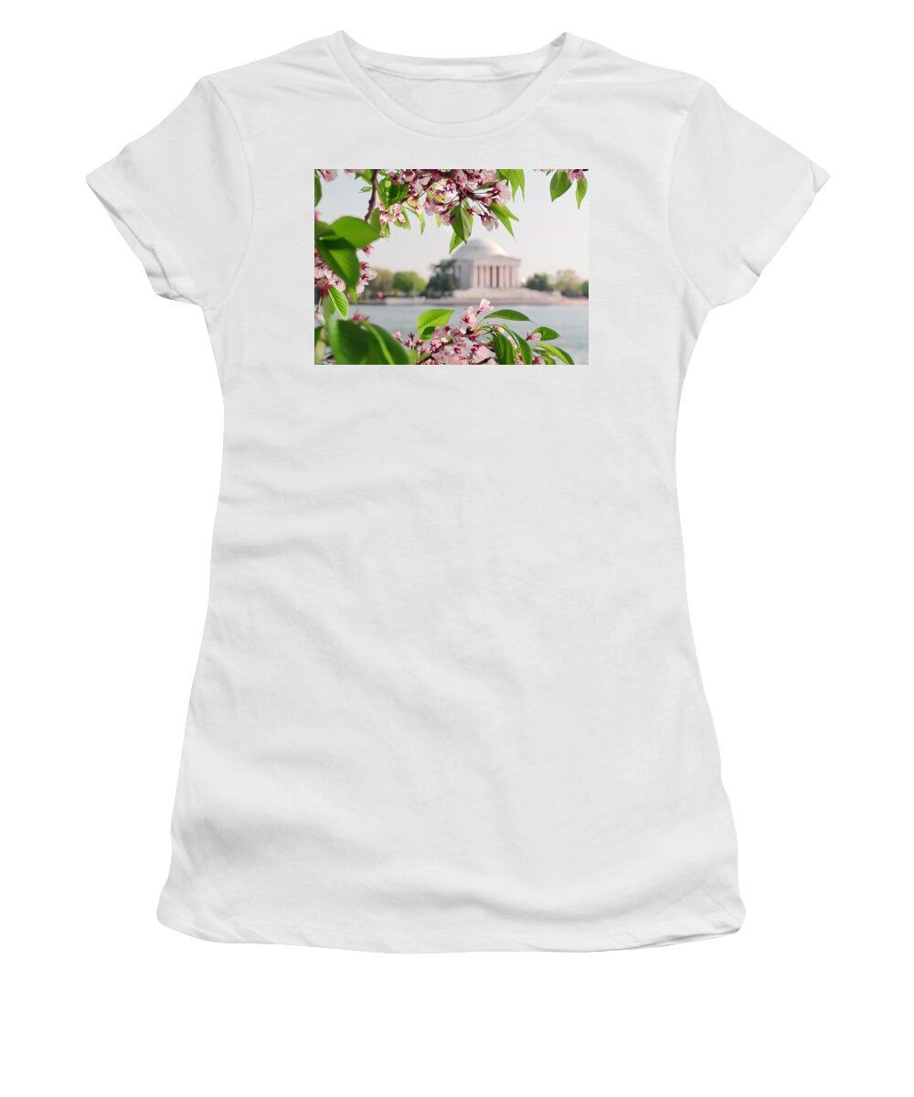 America Women's T-Shirt featuring the photograph Cherry Blossoms and the Jefferson Memorial by Mitchell R Grosky