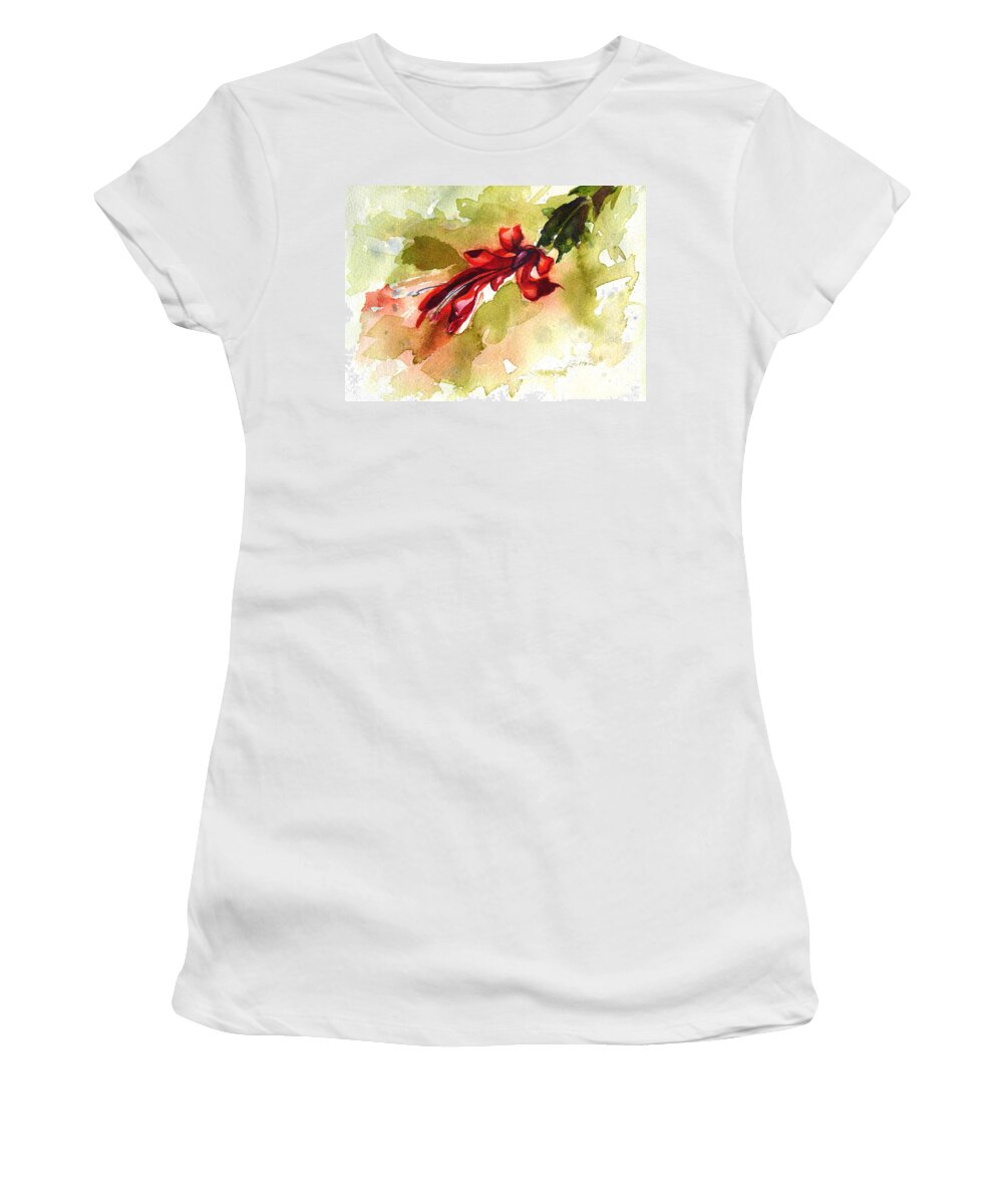 Christmas Women's T-Shirt featuring the painting Christmas cactus 2014 by Julianne Felton