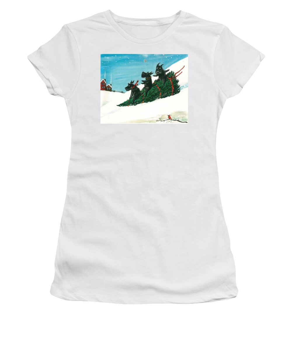 Painting Women's T-Shirt featuring the painting Christmas Day Scottie Style by Margaryta Yermolayeva