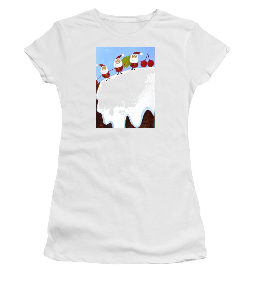 Merry Christmas Women's T-Shirt featuring the painting Christmas Pudding and Santas by Magdalena Frohnsdorff
