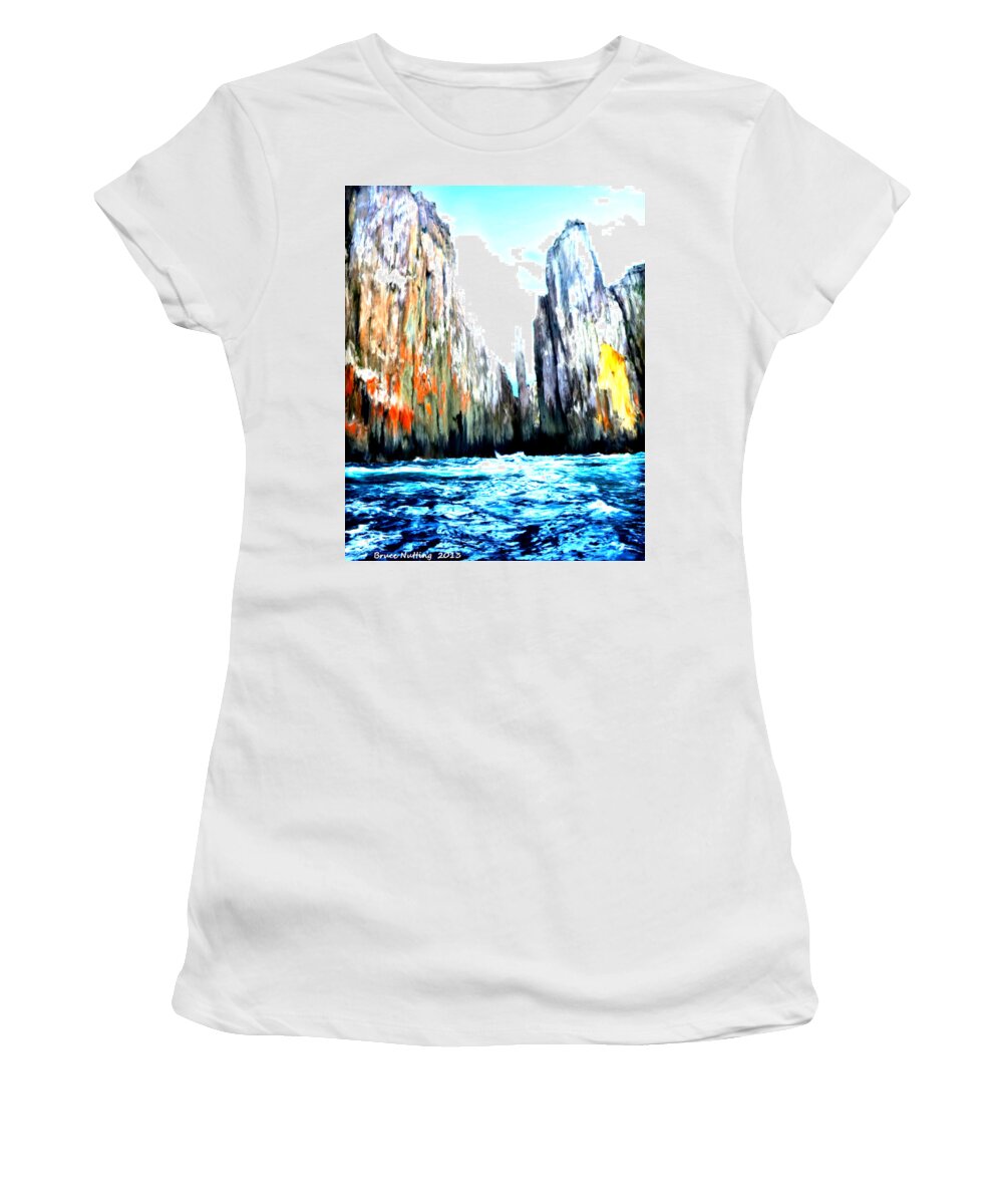 Ocean Women's T-Shirt featuring the painting Cliffs by the Sea by Bruce Nutting