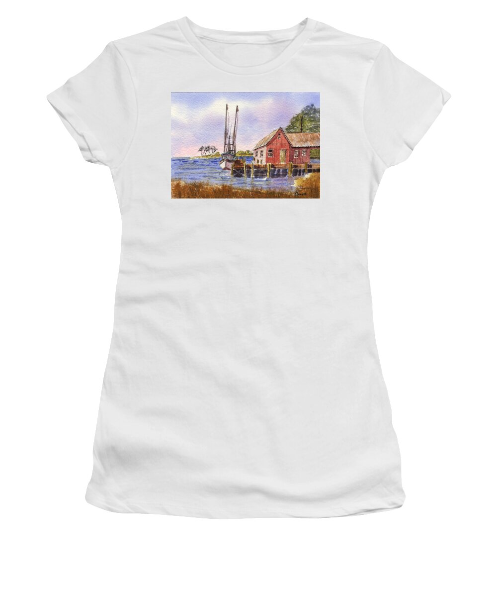 Original Watercolor Women's T-Shirt featuring the painting Shrimp Boat - Boat House - Coastal Dock by Barry Jones