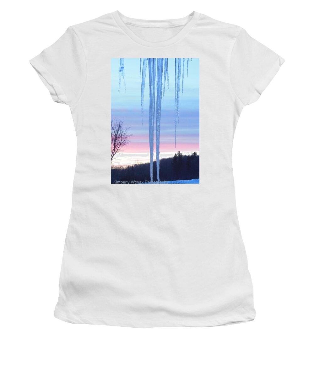 Icicle Women's T-Shirt featuring the photograph Cold As Ice by Kimberly Woyak