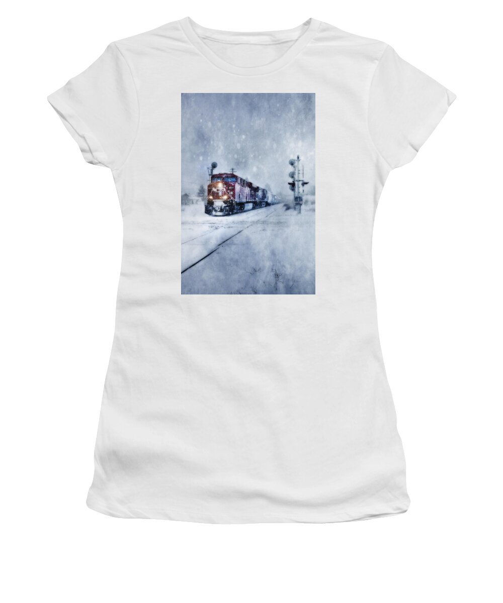 Train Women's T-Shirt featuring the photograph Cold Nights On The Midnight Train Color by Theresa Tahara