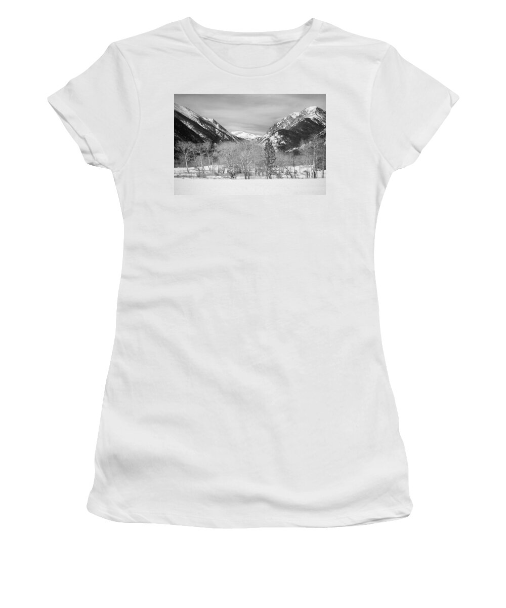 Trees Women's T-Shirt featuring the photograph Colorado Rocky Mountain Winter Horseshoe Park BW by James BO Insogna