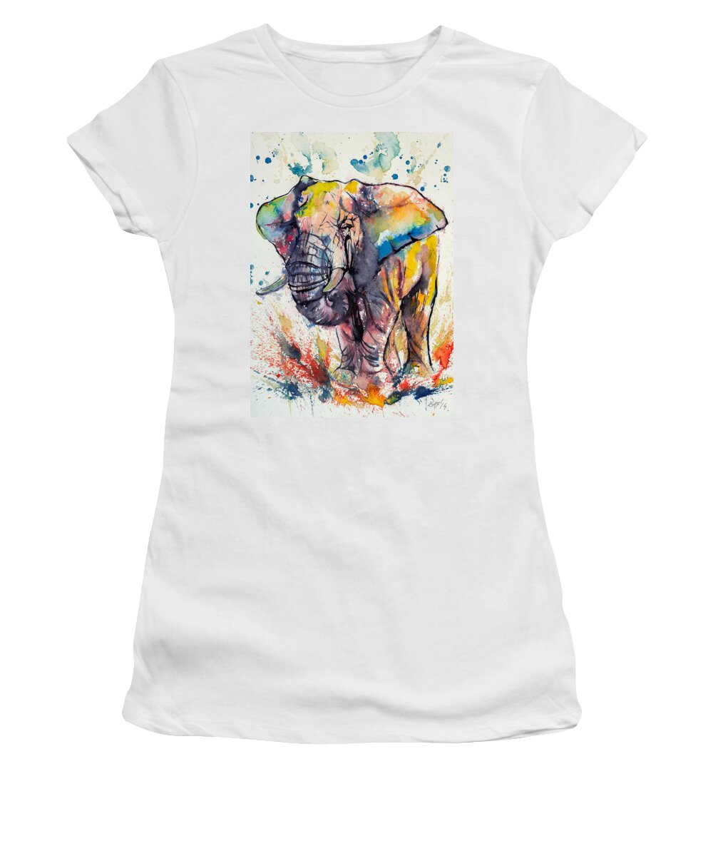 Elephant Women's T-Shirt featuring the painting Colorful elephant by Kovacs Anna Brigitta