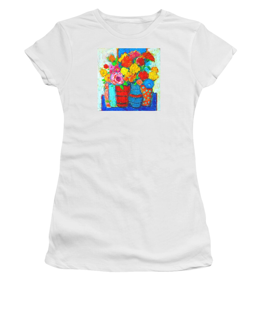 Flowers Women's T-Shirt featuring the painting Colorful Vases And Flowers - Abstract Expressionist Painting by Ana Maria Edulescu