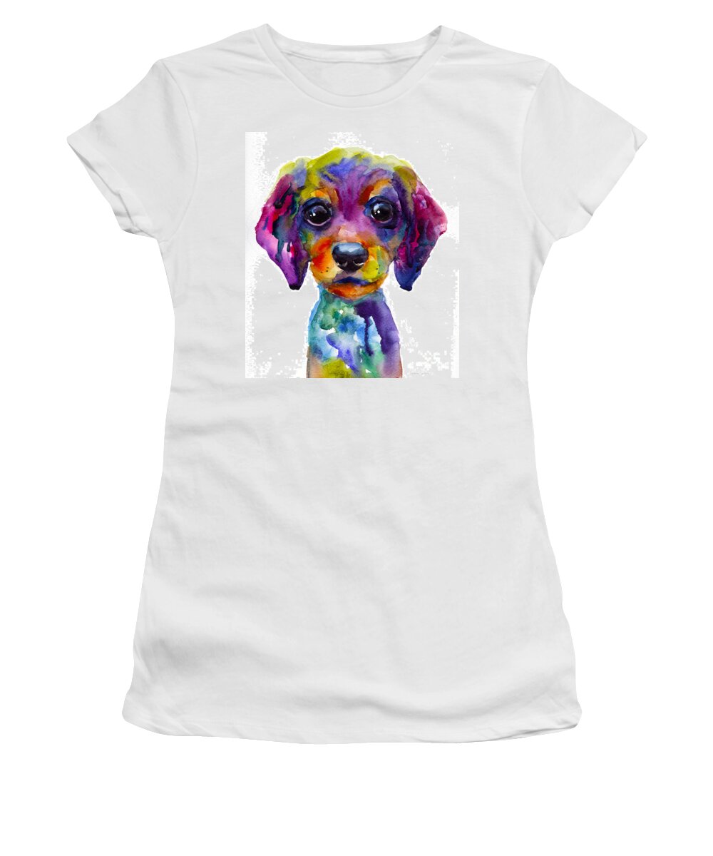 Whimsical Art Women's T-Shirt featuring the painting Colorful whimsical Daschund Dog puppy art by Svetlana Novikova
