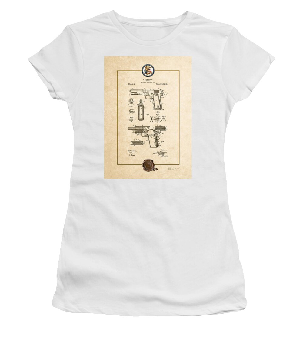 C7 Vintage Patents Weapons And Firearms Women's T-Shirt featuring the digital art Colt 1911 by John M. Browning - Vintage Patent Document by Serge Averbukh