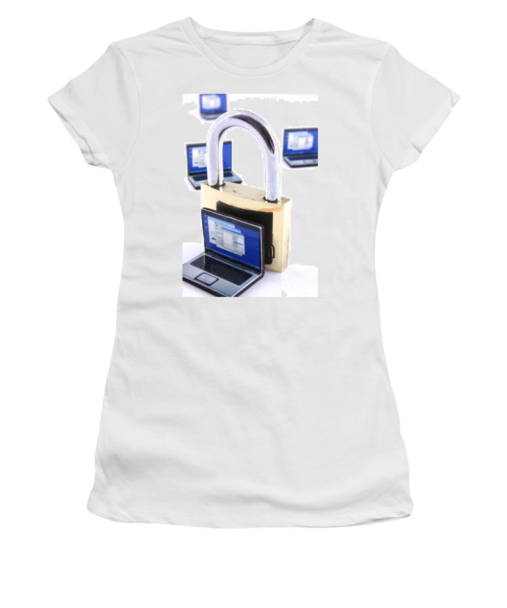 Unlocked Women's T-Shirt featuring the photograph Computer security concept by Simon Bratt