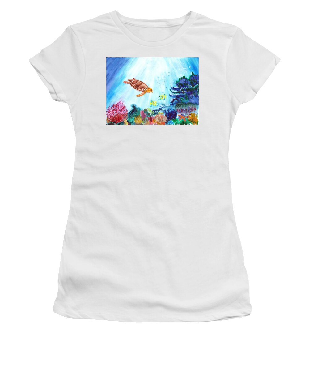 Sea Turtle Women's T-Shirt featuring the painting Coral Reef by Donna Walsh