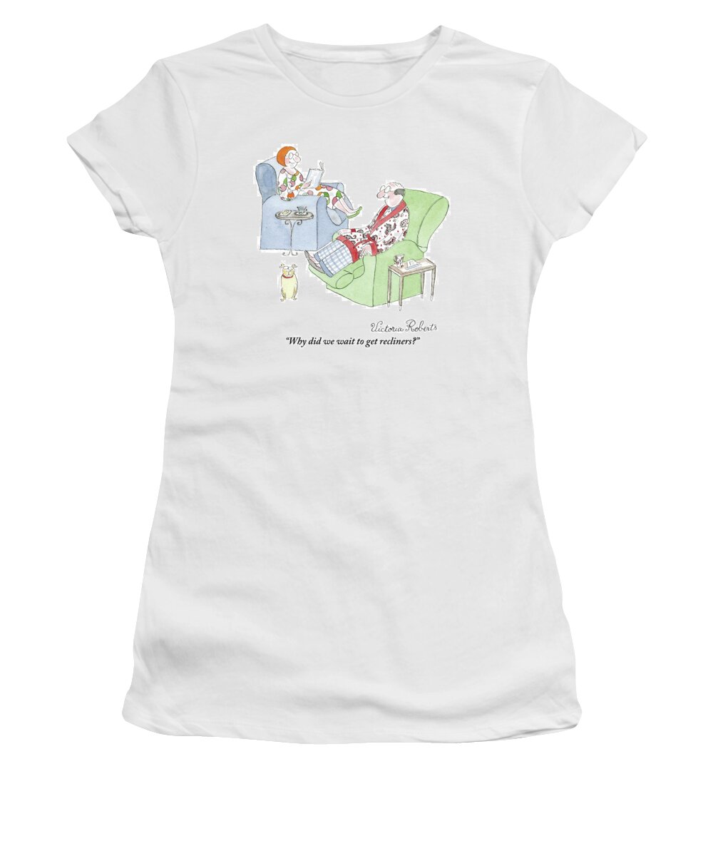 Elephant Women's T-Shirt featuring the drawing Couple Reading In Living Room by Victoria Roberts