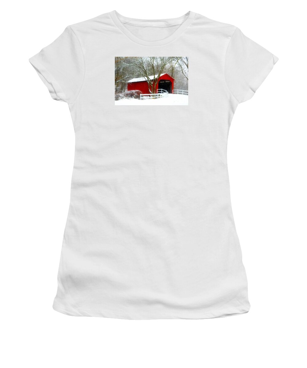 Winter Wonderland Women's T-Shirt featuring the photograph Cover Bridge Beauty by Peggy Franz