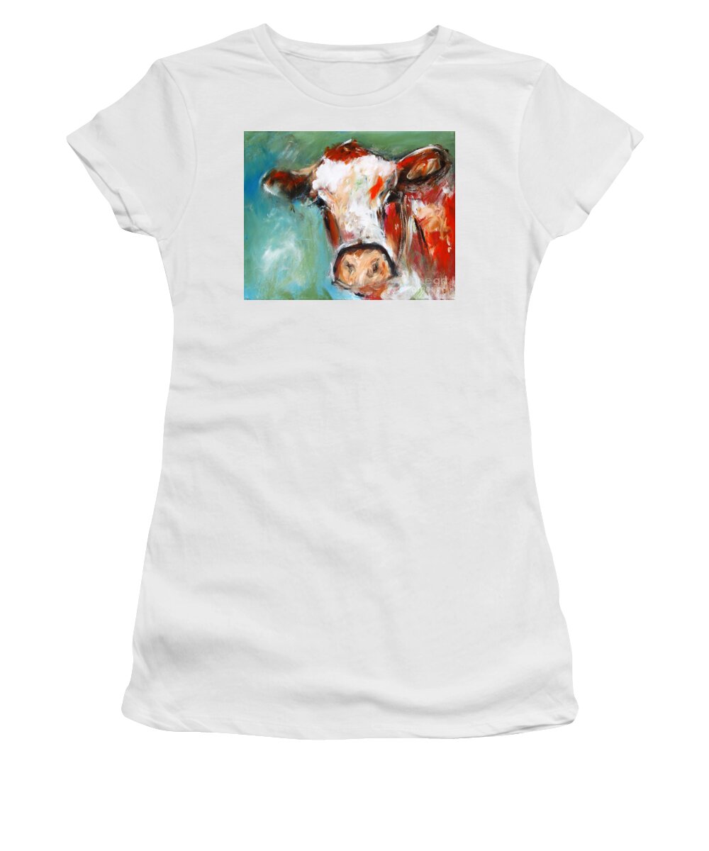 Cow Women's T-Shirt featuring the painting Bovine wall art paintings of cows by Mary Cahalan Lee - aka PIXI