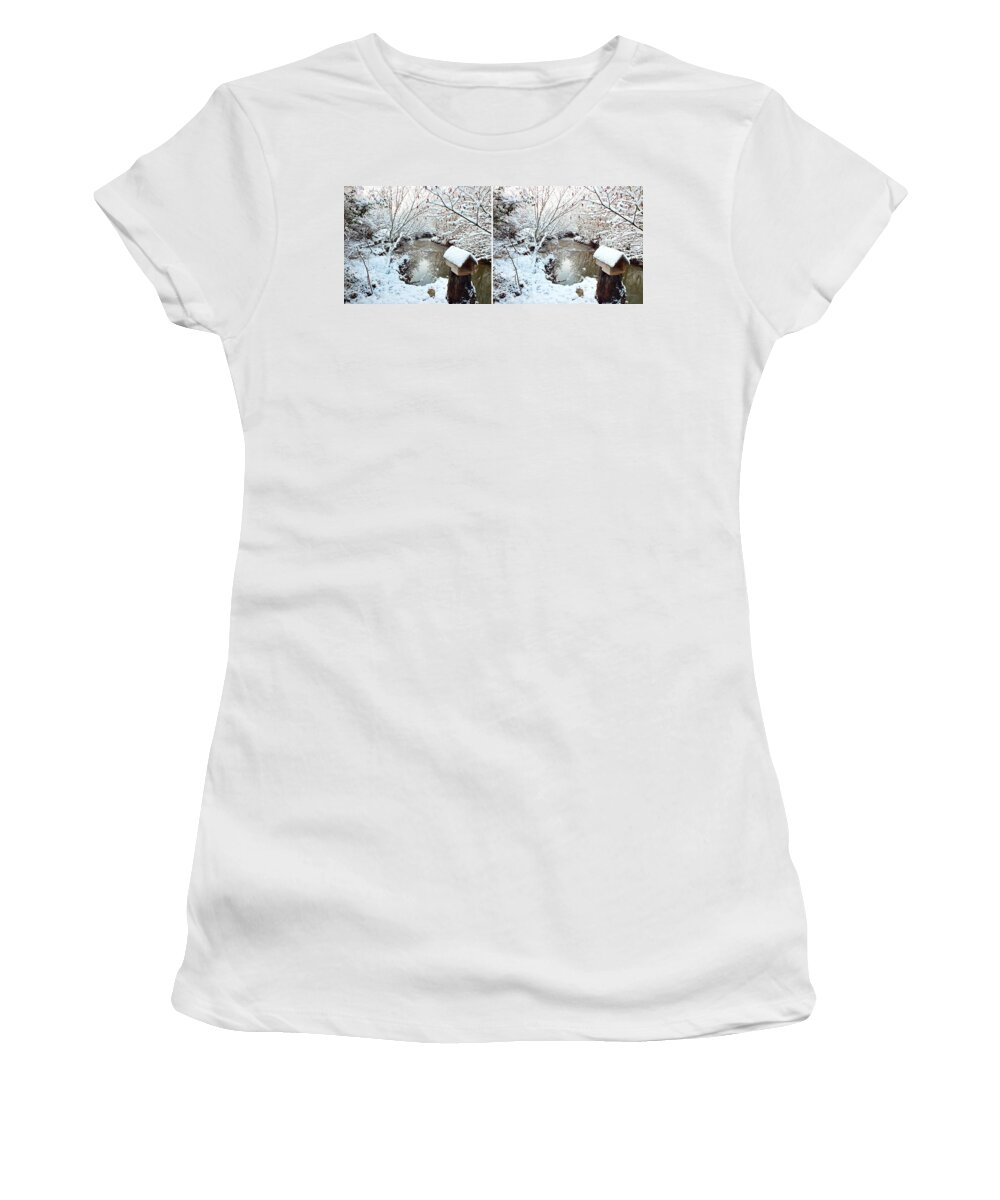 Stereo Women's T-Shirt featuring the photograph Creekside Snow in Stereo by Duane McCullough