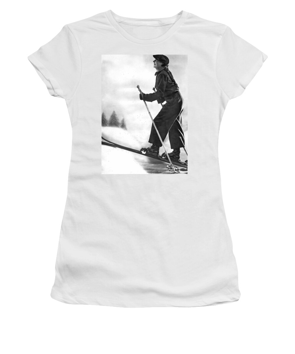 1035-1120 Women's T-Shirt featuring the photograph Cross Country Skiing by Underwood Archives