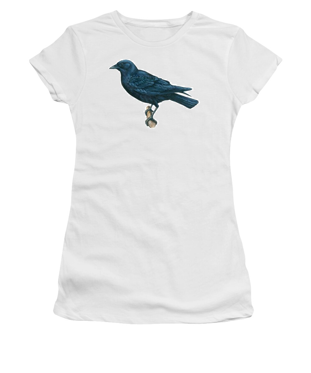 No People; Horizontal; Side View; Full Length; White Background; One Animal; Wildlife; Close Up; Zoology; Illustration And Painting; Bird; Branch; Perching; Beak; Feather; Crow; American Crow; Black Women's T-Shirt featuring the drawing Crow by Anonymous