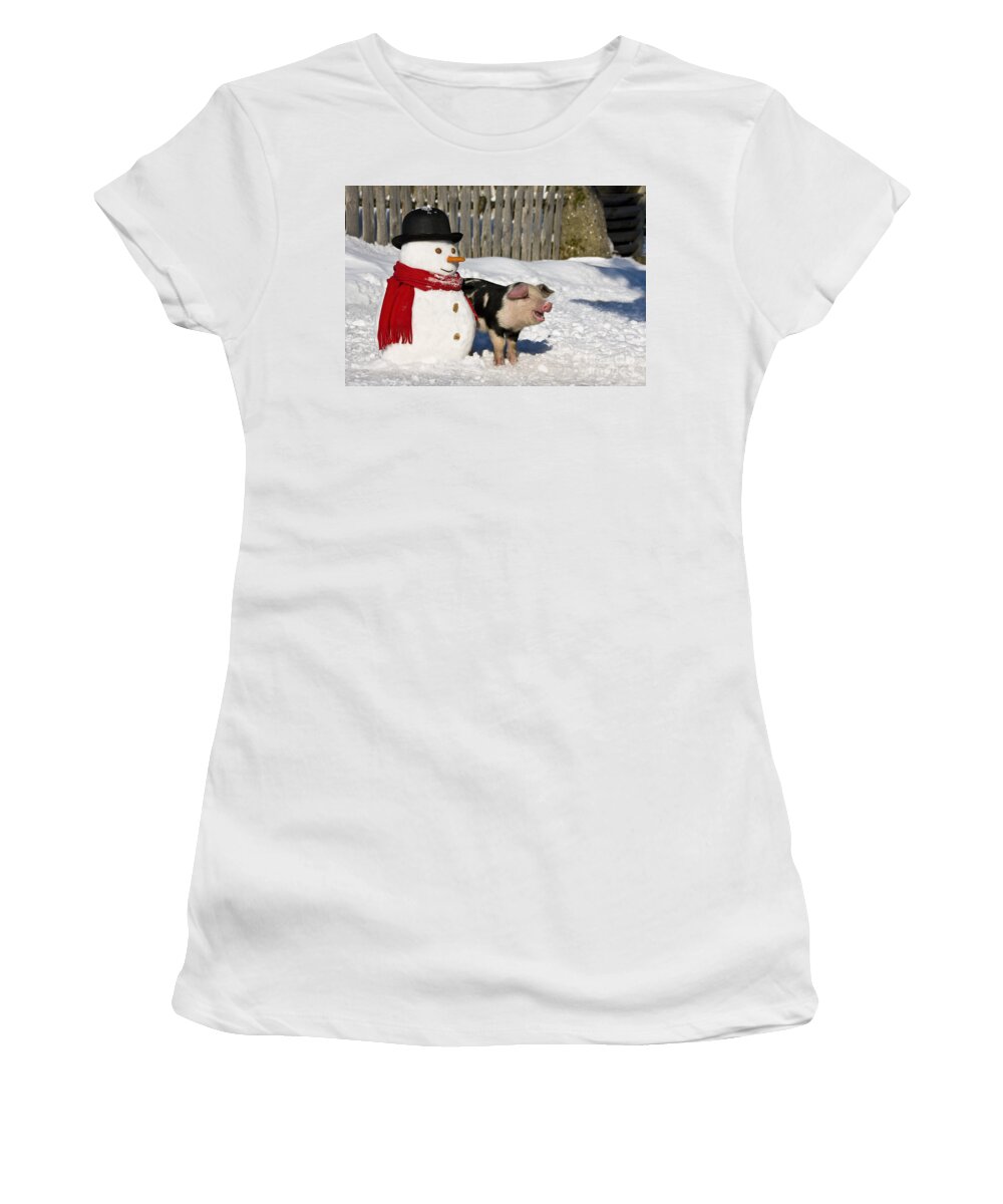 Piglet Women's T-Shirt featuring the photograph Curious Piglet And Snowman by Jean-Louis Klein and Marie-Luce Hubert