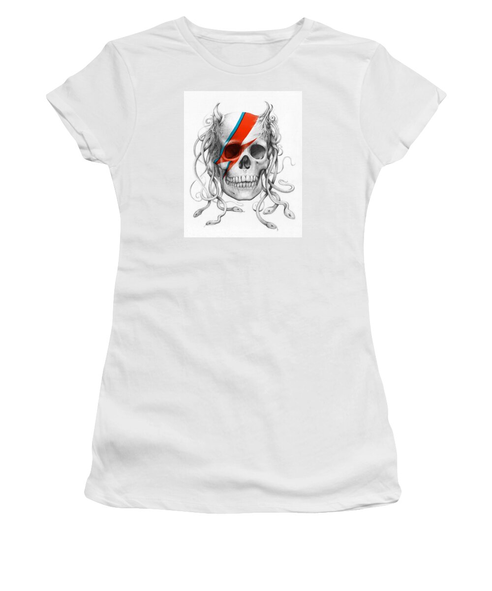 David Bowie Women's T-Shirt featuring the drawing David Bowie Aladdin Sane Medusa Skull by Olga Shvartsur