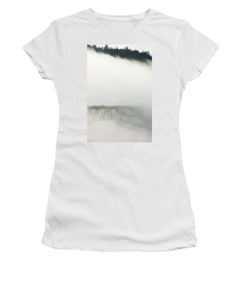Feb0514 Women's T-Shirt featuring the photograph Deception Pass Bridge In Fog Whidbey Isl by Kevin Schafer