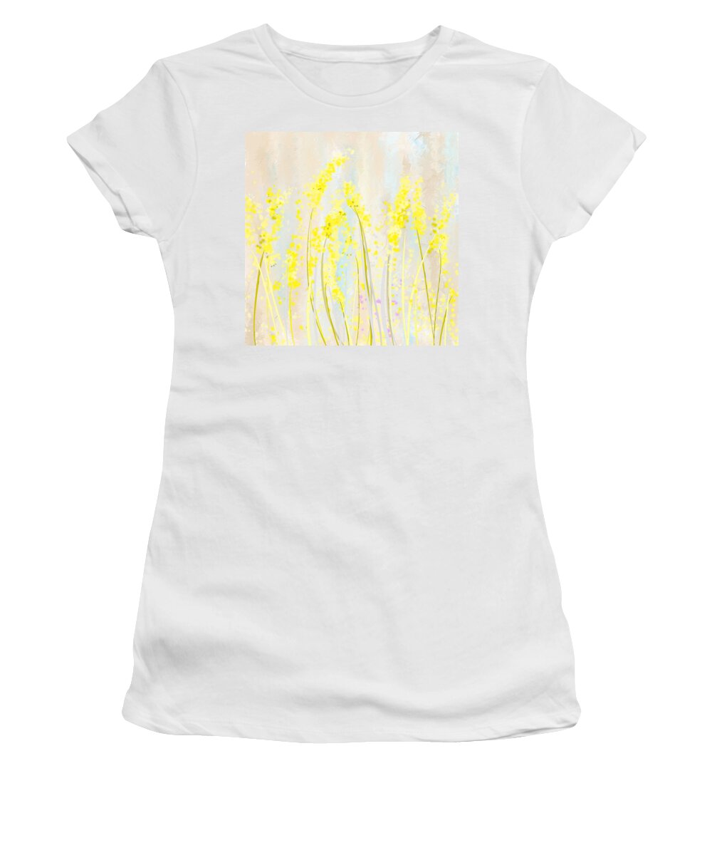 Yellow Women's T-Shirt featuring the painting Delicately Soft- Yellow and Cream Art by Lourry Legarde