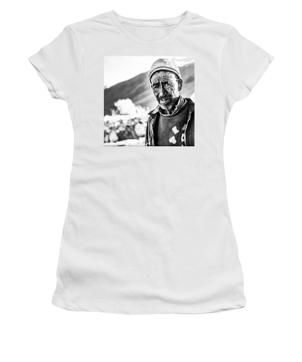 Dignity Women's T-Shirt featuring the photograph Do We Wear Our Lives Into Our Faces? by Aleck Cartwright