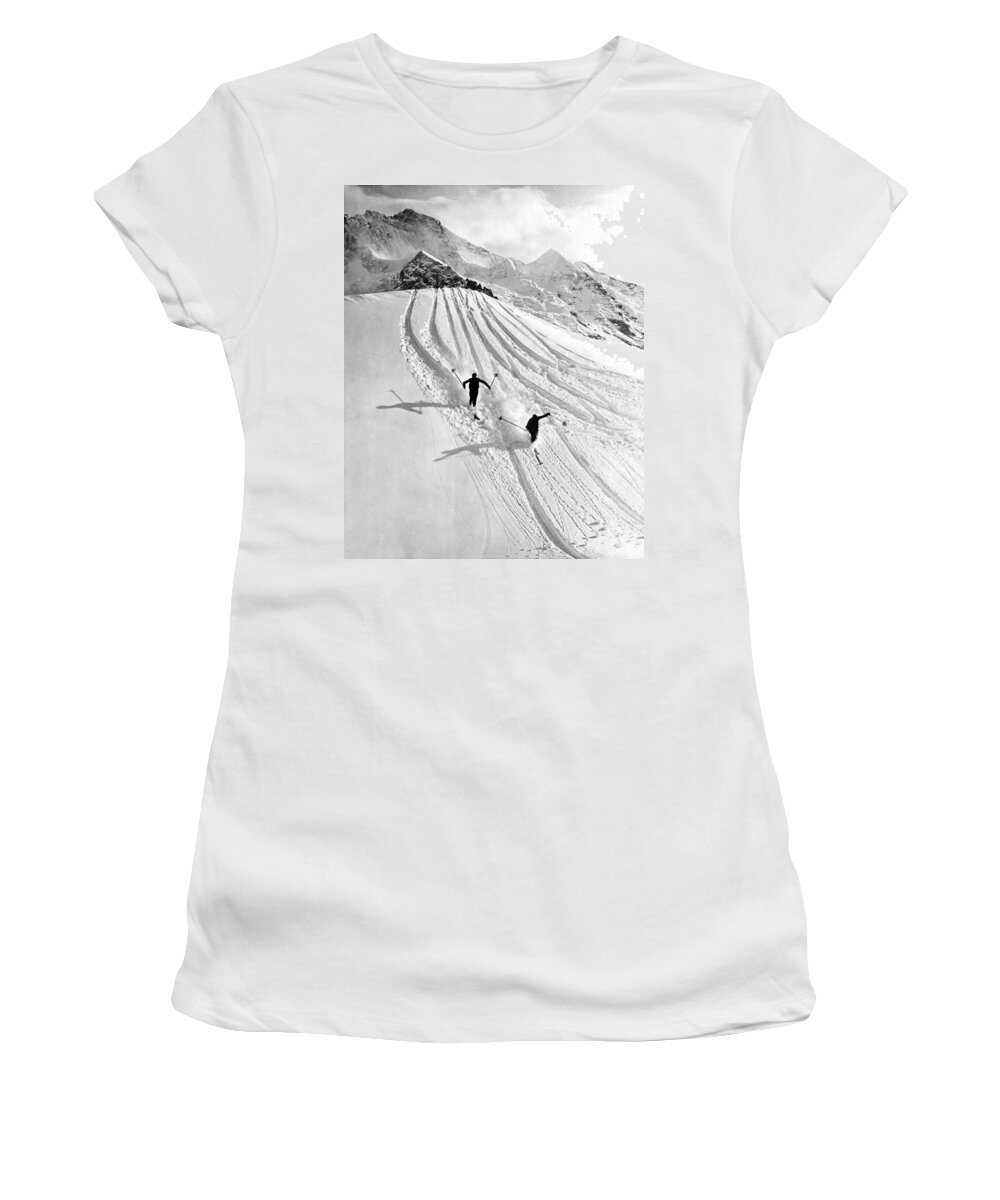 1937 Women's T-Shirt featuring the photograph Downhill Skiing In Powder by Underwood Archives