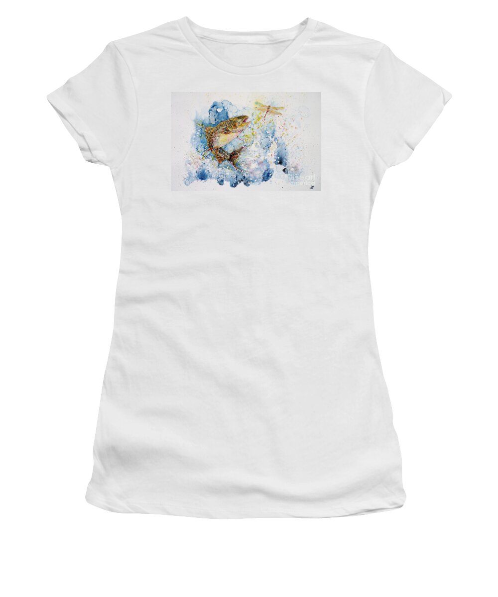 Trout Women's T-Shirt featuring the painting Dragonfly Hunter by Zaira Dzhaubaeva