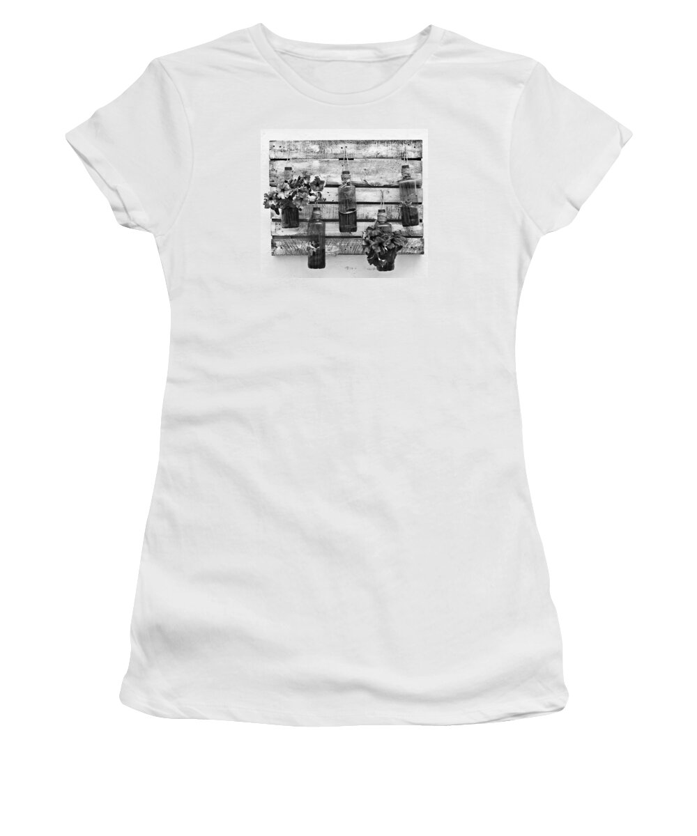 Nobody Women's T-Shirt featuring the photograph Original plant pot in wood base - Dreams of freedom black and white by Pedro Cardona Llambias