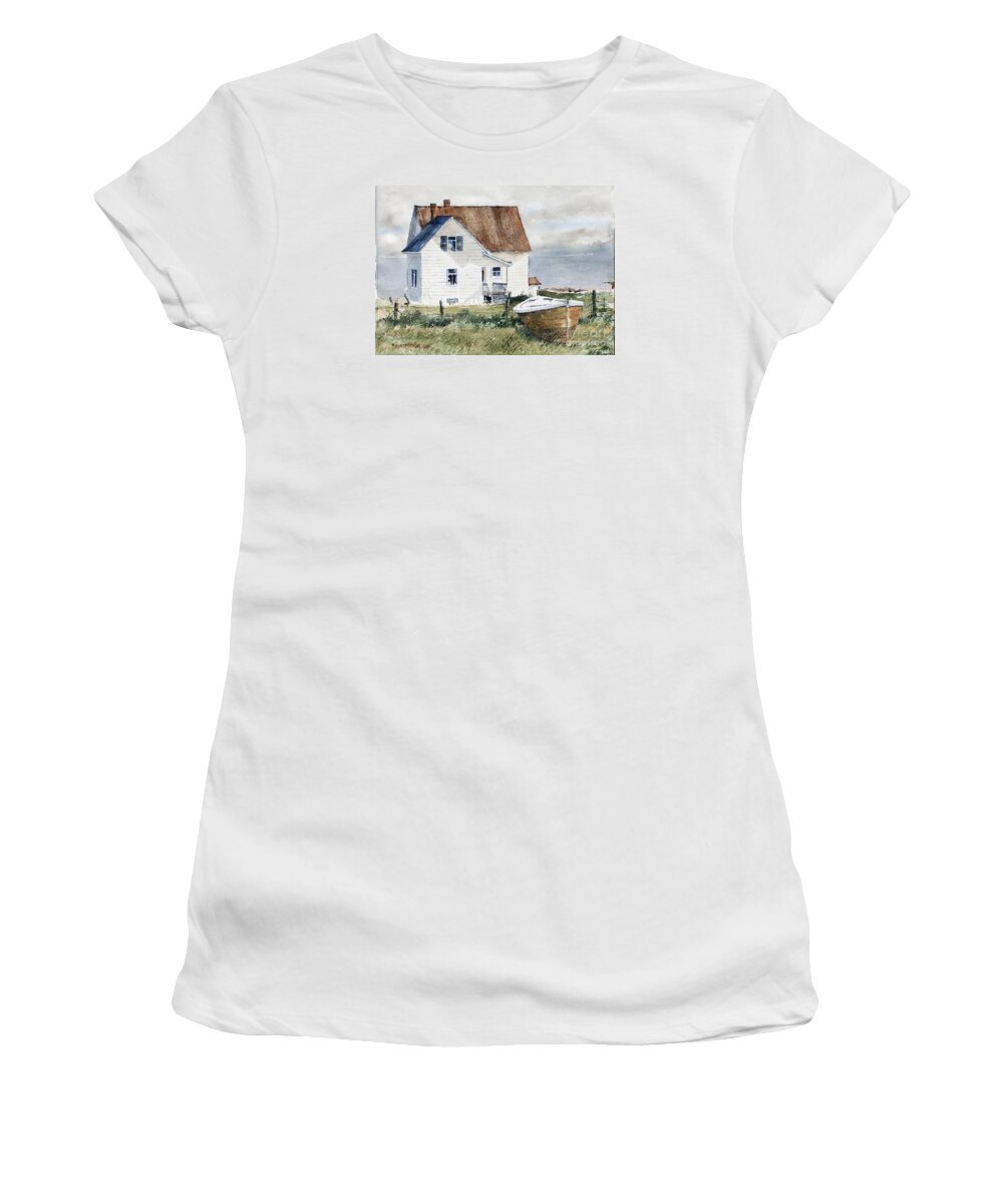 A Sunlit Country House With And A Small Stored Boat On The Banks Of The St. Lawrence River In Canada . Women's T-Shirt featuring the painting Morning Sunlight by Monte Toon