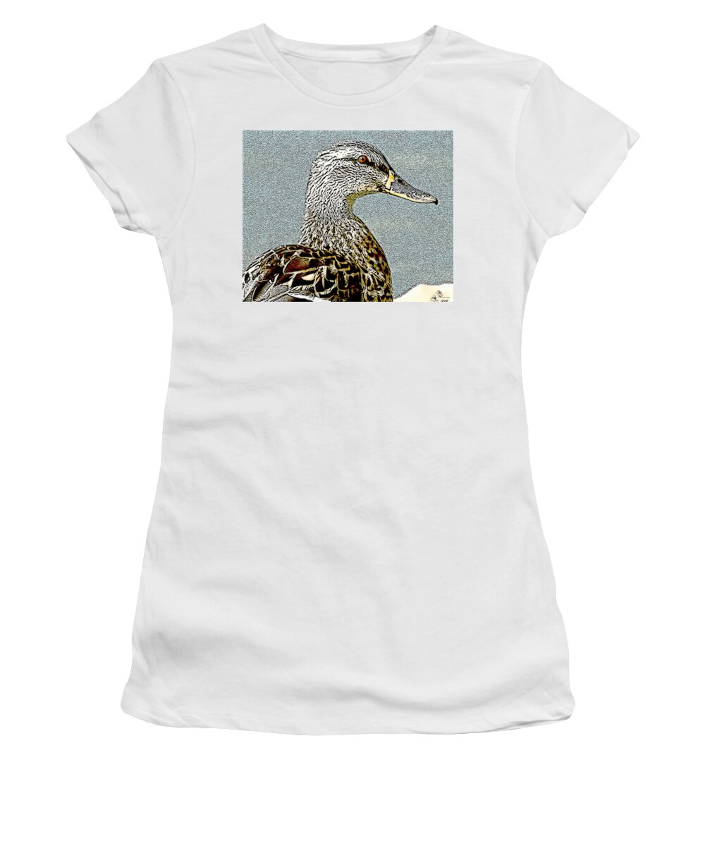 Brown Duck Women's T-Shirt featuring the mixed media Duck Art Tribal Mallard II by Lesa Fine