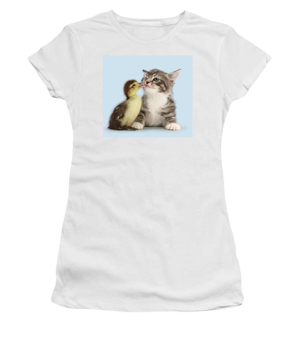 Duck Women's T-Shirt featuring the photograph Duck Tweaking The Lip Of Tabby Kitten by Mark Taylor