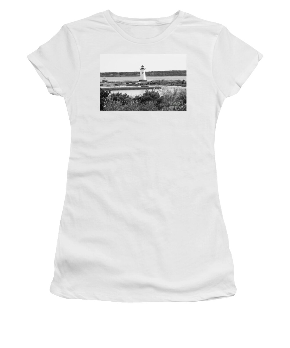 Edgartown Women's T-Shirt featuring the photograph Edgartown Lighthouse - Black and White by Carol Groenen