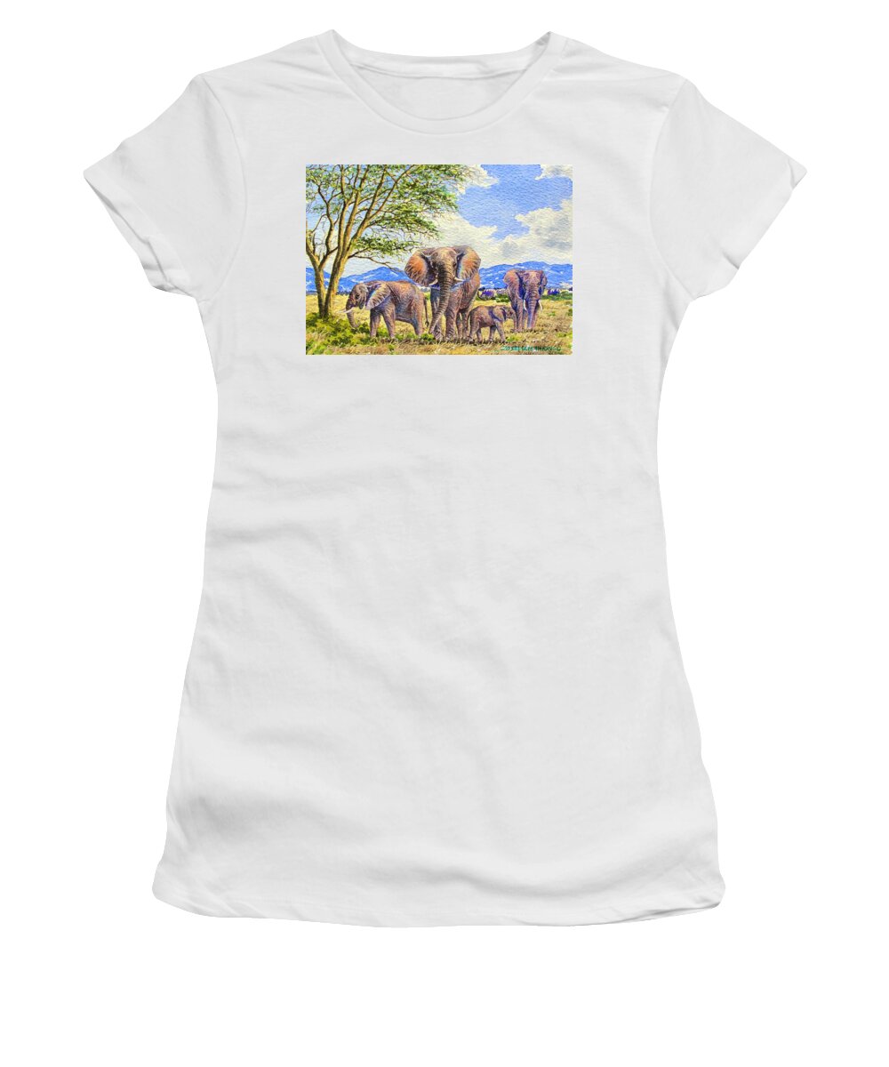 African Paintings Women's T-Shirt featuring the painting Elephants by Joseph Thiongo