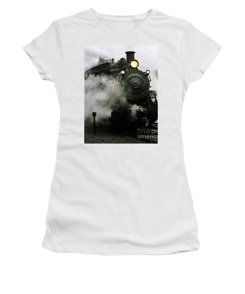 Michael Hoard Photos Women's T-Shirt featuring the photograph Engine Number 40 Making Steam Pulling Into New Hope Passenger Train Terminal by Michael Hoard