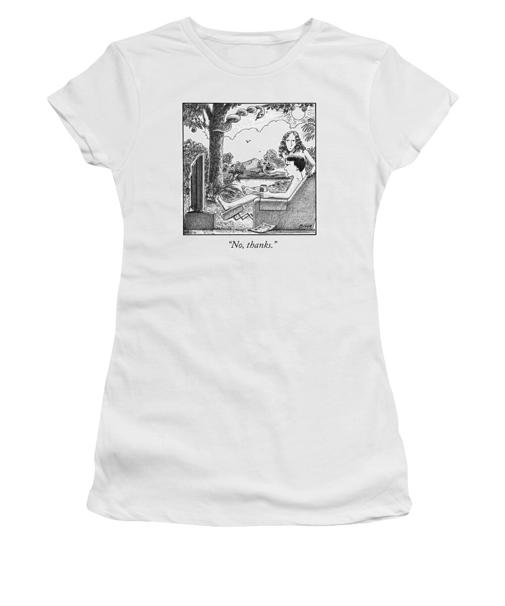 Ino Thanks.i Adam And Eve Women's T-Shirt featuring the drawing Eve Offers Adam An Apple by Harry Bliss